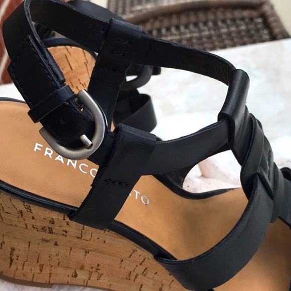 NWT In Original Box Franco Sarto Cera Blk Leather Cork Wedge Sandals Size 7.5 M - Picture 9 of 15